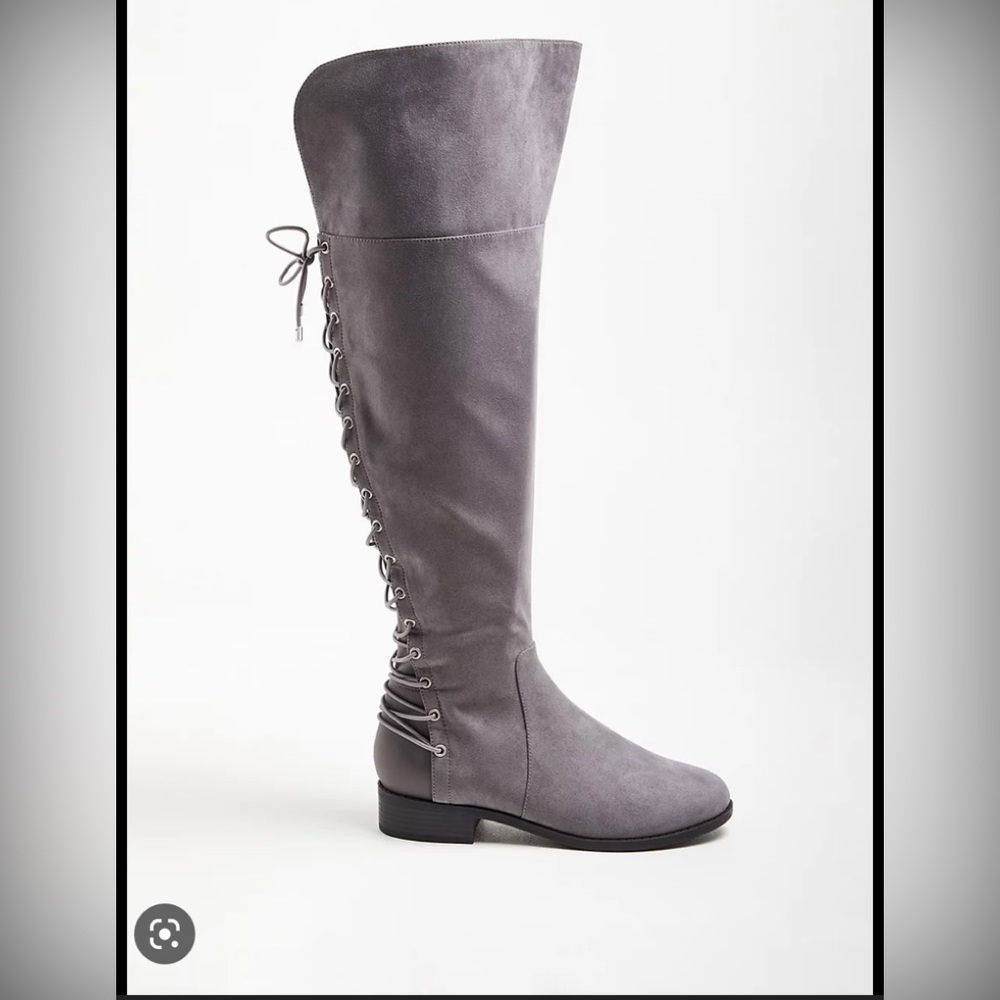 Torrid size 12 gray  boots tie up back over kneeNWT